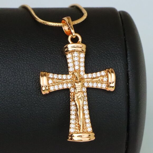 "Rose Gold Crucifix Pendant with CZ Accents and Rounded Arms Design, XPPT1846 - Picture 1 of 13